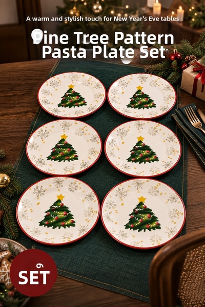 Vienev 6-Piece Decorated Christmas Pine Tree Patterned Cake Plate 19 cm Desse...