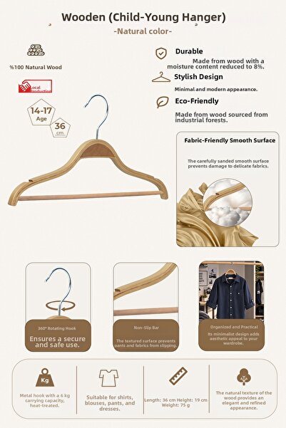 NYN Wooden 8000 14-17 Years Old 36cm Children's Hanger with Bar Natural Color...