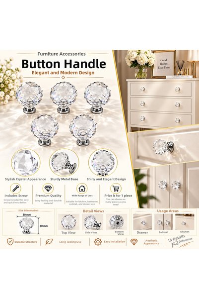 Arion 5 Pieces Crystal Button 30 Mm Chrome-Transparent Crystal Handle