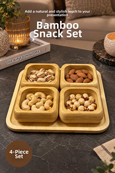 Vienev 4-Piece Square Bamboo Snack Bowl Set with Bottom Tray, 9 cm Bowl, 22 c...