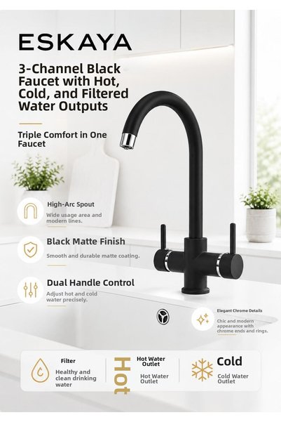 ESHOME Eskaya Black Pipe-Shaped 3-Inlet Purified Kitchen Sink Faucet