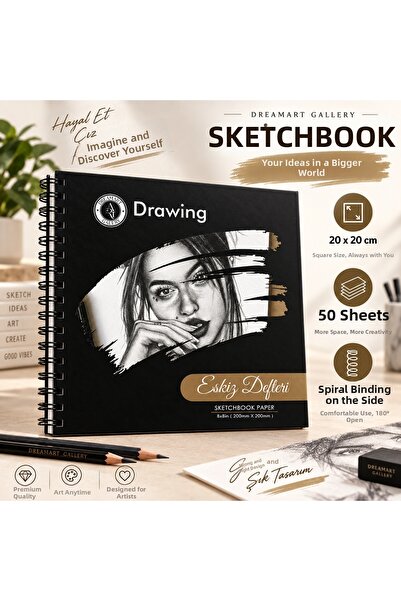 DreamArtgalery دفتر رسم سكيتش بوك 20x20 سم 50 ورقة حلزوني الشكل من الجانب
