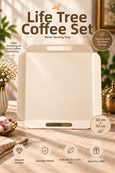 hemlife Tree of Life Turkish Coffee Set 2 Pieces Cup Set + 1 Piece 30*30 Metal Tray