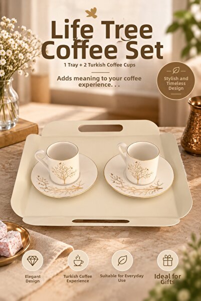 hemlife Tree of Life Turkish Coffee Set 2 Pieces Cup Set + 1 Piece 30*30 Meta...