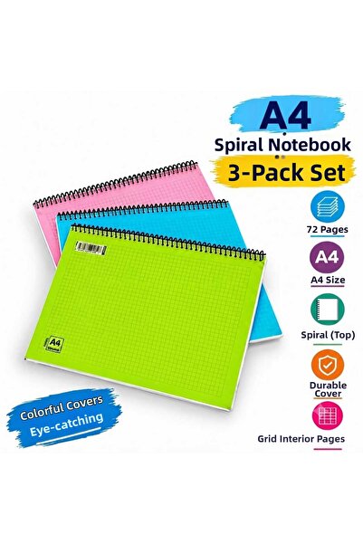 Proton A4 Spiral Checkered Notebook 72 Sheets Mixed Color Durable Cover Set of 3