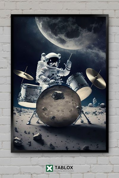 TABLOX Astronaut care cântă la tobe, tablou decorativ din MDF cu cadru spațial