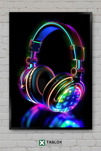 TABLOX Headphone Neon Headset Lighted Music Retro Poster Framed Decorative Md...