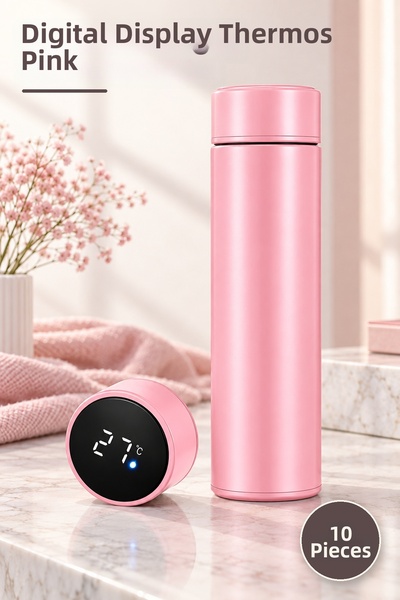 Yenilig 10 Pieces of Thermos with Digital Display Pink
