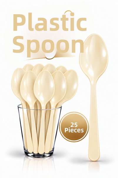 Huzur Party Store 25Pcs Cream Colored Spoon Hard Durable Plastic Luxury Dispo...