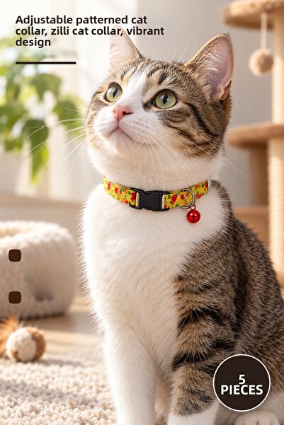 Yenilig 5 Pieces of Patterned Cat Collars with Bells – Adjustable Patterned N...