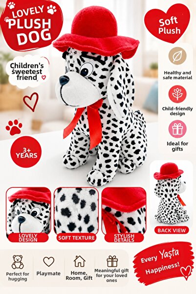 SUDESA OYUNCAK 35 cm Plush Dog with Hat and Bib, Cute Toy with Red Ribbon, Ag...