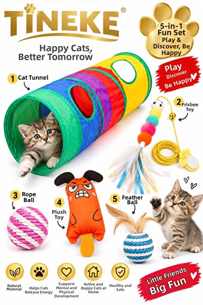 TİNEKE 5-Piece Cat Toy Set – Play Tunnel, Elastic Fishing Line, Fuzzy Ball, a...