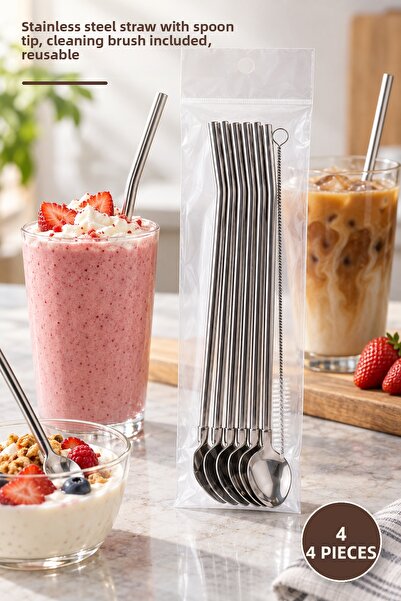 Yenilig 4-Piece Metal Straw Set with Spoons – Stainless Steel Straw with Spoo...