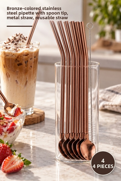 Yenilig 4-Piece Straw Set with Spoons – Bronze-Colored Stainless Steel Straw ...