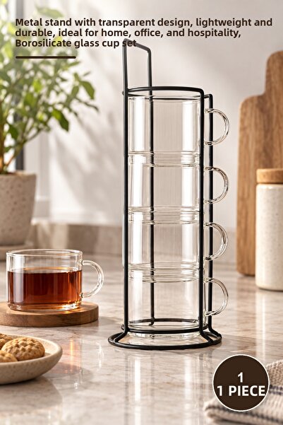 Yenilig 1 Piece Borosilicate Glass Cup Set with Metal Stand – Transparent Des...
