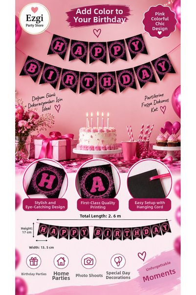 Ezgi Party Store Fuchsia Happy Birthday Banner 2.6 Meters Birthday Decoration...