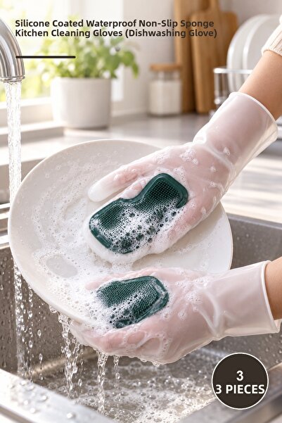 Yenilig 3 Pieces of Silicone Dishwashing Gloves – Silicone Coated Waterproof ...
