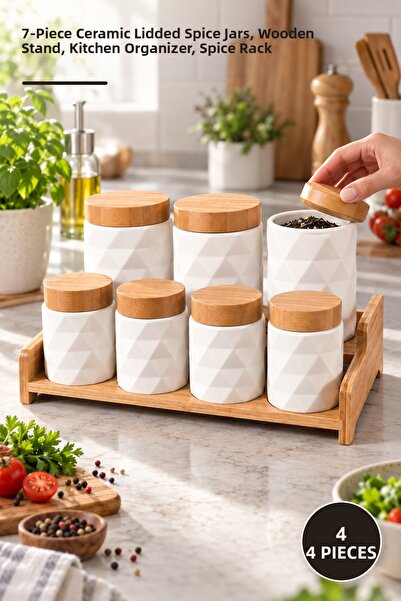 Yenilig 4-Piece Spice Set with Stand – 7-Piece Spice Jars with Ceramic Lids, ...