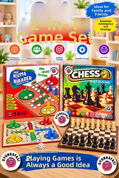 OYUNKAFASI 2-Piece Game Set Wooden Ludo + Wooden Chess Family and Children St...