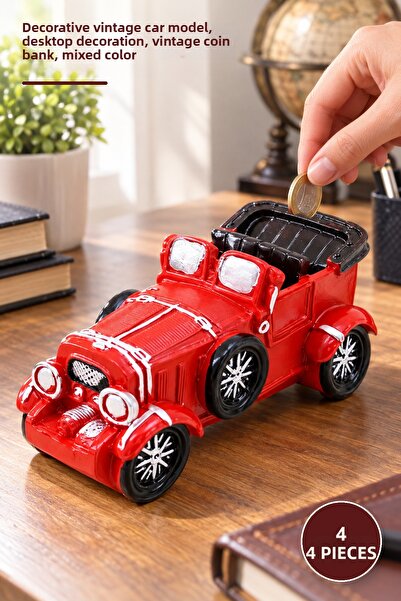Yenilig 4 Pcs Retro Striped Classic Car Figurine Piggy Bank – Decorative Resi...