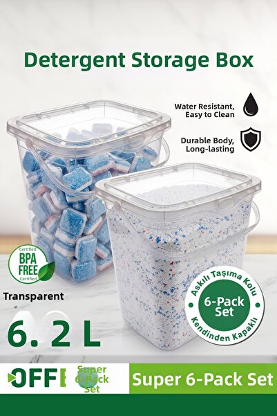 OFFBOX Mega Size Transparent 6-Piece Flour and Grain Food Storage Container 6.2 Liter Detergent Storage Container with Handle