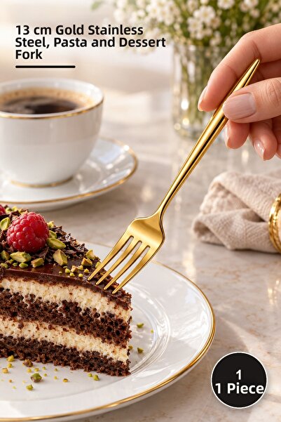 Yenilig 1 Piece Dessert Fork Set – 13 cm Stainless Steel Gold Color, Cake and...