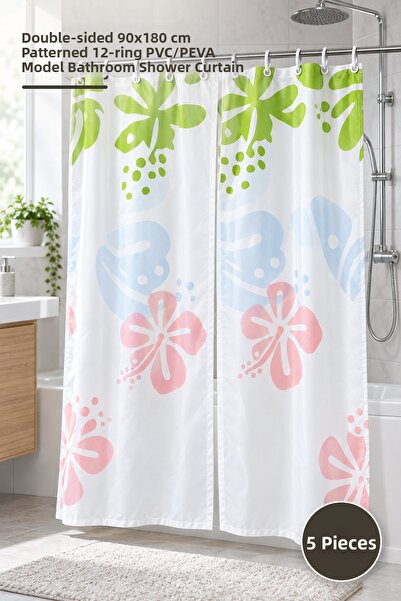 Yenilig 5 Pieces Pvc Shower Curtain – Double Panel 90X180 cm Patterned with 1...