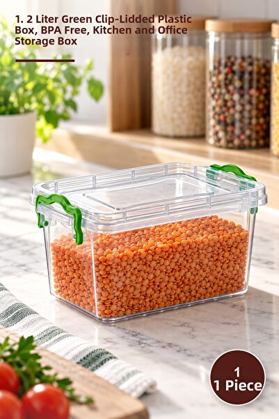 Yenilig 1 Piece Transparent Storage Box – 1.2 Liter Green Plastic Box with Cl...