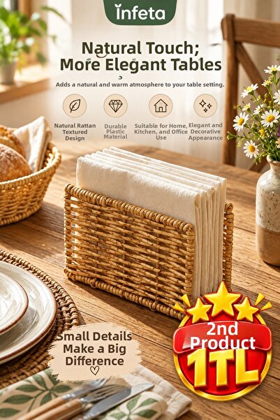 İnfeta Natural Wicker Look Plastic Rattan Rectangular Desktop Napkin Holder
