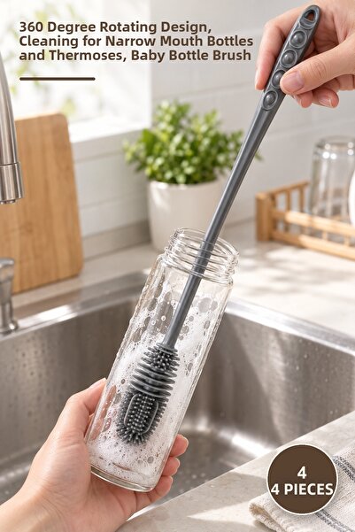 Yenilig 4 Pieces Silicone Long Handle Jar Washing Brush – 360 Degree Angled D...