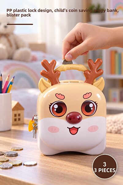 Yenilig 3 Pieces of Cute Deer Piggy Banks – Pp Plastic Lockable Design with K...