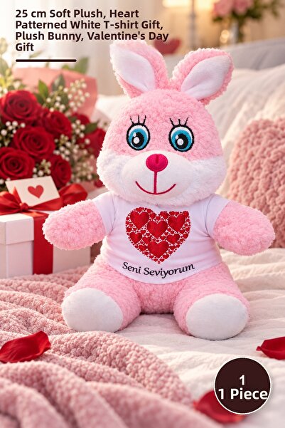 Yenilig 1 Piece I Love You T-Shirt Pink Plush Bunny - 25 cm Soft Plush, Heart...