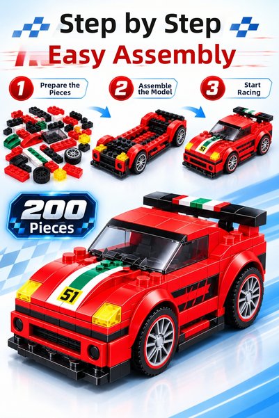 İlknurtoys 200 Pieces 2-in-1 Lego Compatible Racing Car Building Set Pull Bac...