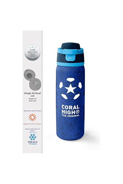 Coral High Navy Blue Saks Football Patterned Steel Thermos with Straw and Dir...