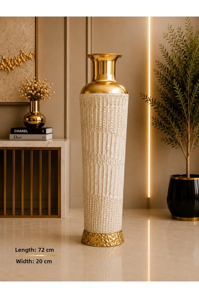 Hinora Home Decorative Metal Floor Vase 72 cm White Gold Large Size Living Ro...