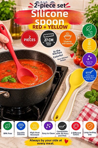 OpenCity Set of 2 Red Yellow Large Size Silicone Spoons 27 cm for Kitchen Coo...
