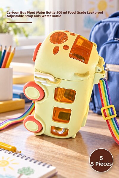 Yenilig 5 Pieces Bus-Shaped Water Bottle – Cartoon Bus Water Bottle with Stra...