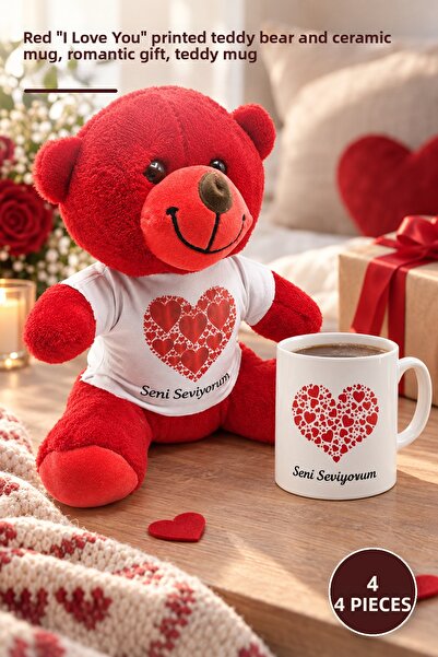 Yenilig 4 Piece Plush Teddy Bear Set – Red I Love You Printed Teddy Bear and ...