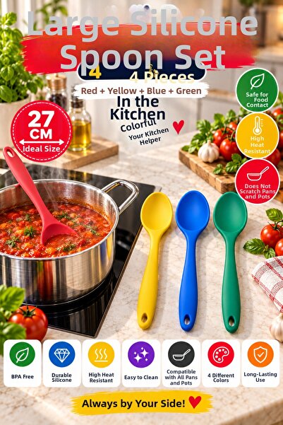 OpenCity Set of 4 Red Yellow Blue Green, Large Size Silicone Spoon Set 27 Cm,...