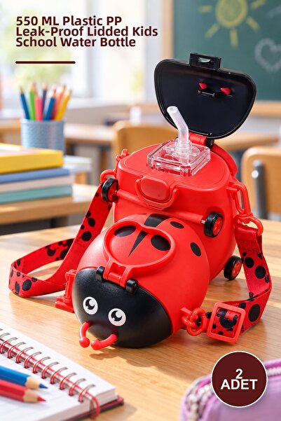 Yenilig 2 Pieces Ladybug Water Bottle – 550 ml Plastic Pp Leak-Proof Lid Chil...