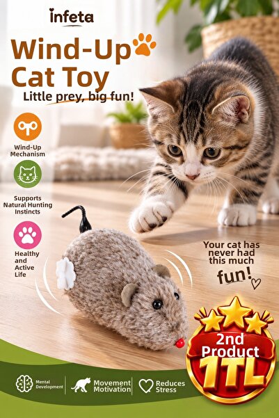 İnfeta 12X6X5 cm Wind-Up Plush Mouse Cat Toy Moving Interactive Hunting Toy