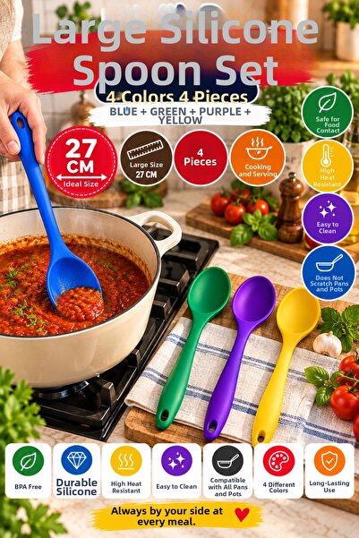 OpenCity Set of 4 Blue Green Purple Yellow, Large Size Silicone Spoon Set 27 ...