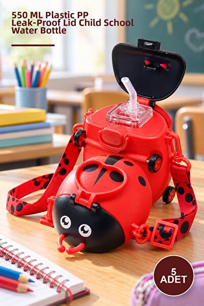 Yenilig 5 Pieces of Ladybug Water Bottle – 550 ml Plastic Pp Leak-Proof Lid C...