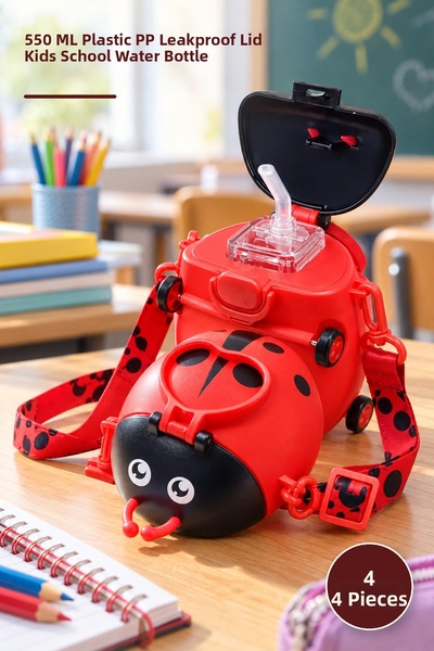 Yenilig 4 Pieces of Ladybug Water Bottle – 550 ml Plastic Pp Leak-Proof Lid C...