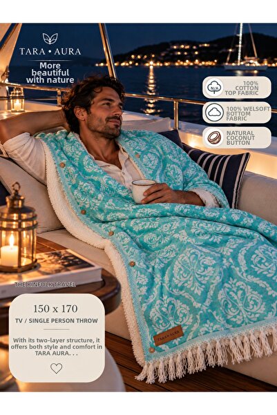 TaraAura Peştemal+Welsoft Coconat Buttoned Green 2 Layer Tv Cover