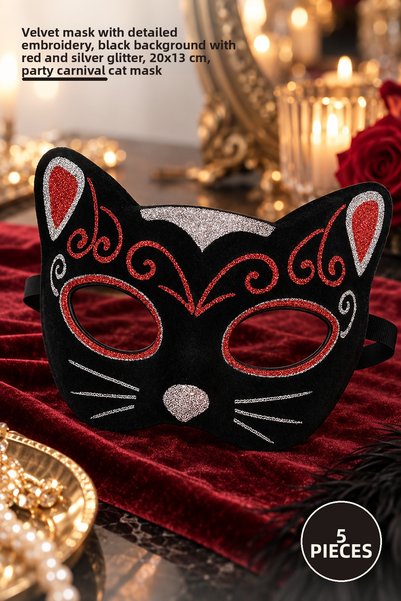 Yenilig 5 Pieces Velvet Textured Cat Mask – Suede Mask with Glitter Detail, B...