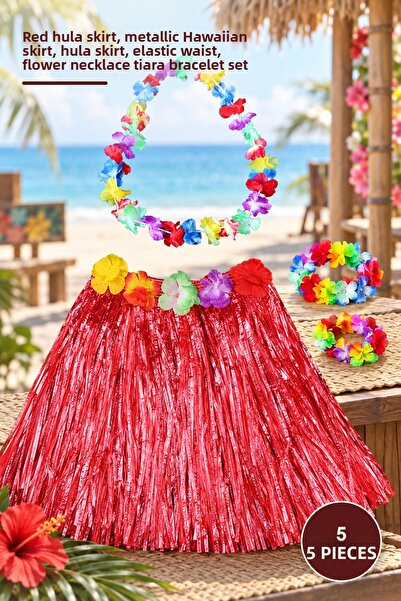Yenilig 5 Pcs Hawaiian Dance Costume - Red Hula Skirt, Metallized Hawaiian Sk...