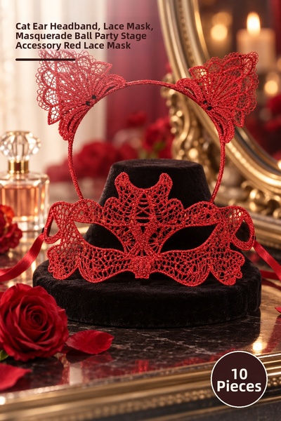 Yenilig 10 Pieces Fire Red Lace Crown and Mask Set – Cat Ear Crown, Lace Mask...