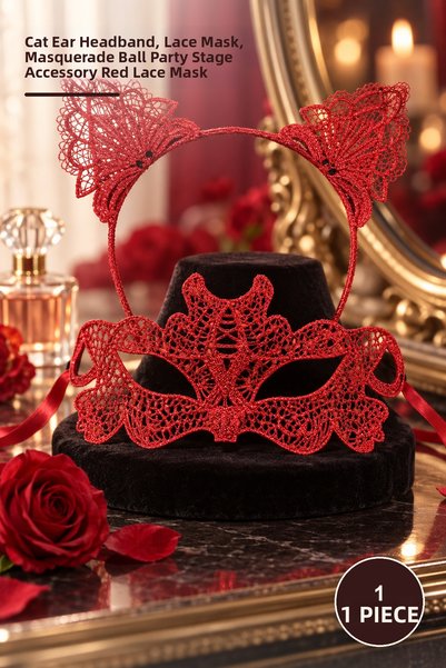 Yenilig 1 Piece Fire Red Lace Crown and Mask Set – Cat Ear Crown, Lace Mask, ...
