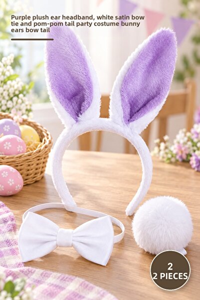 Yenilig 2 Pieces Bunny Ear Headband Bow Tie Tail Set – Lilac Plush Ear Headba...
